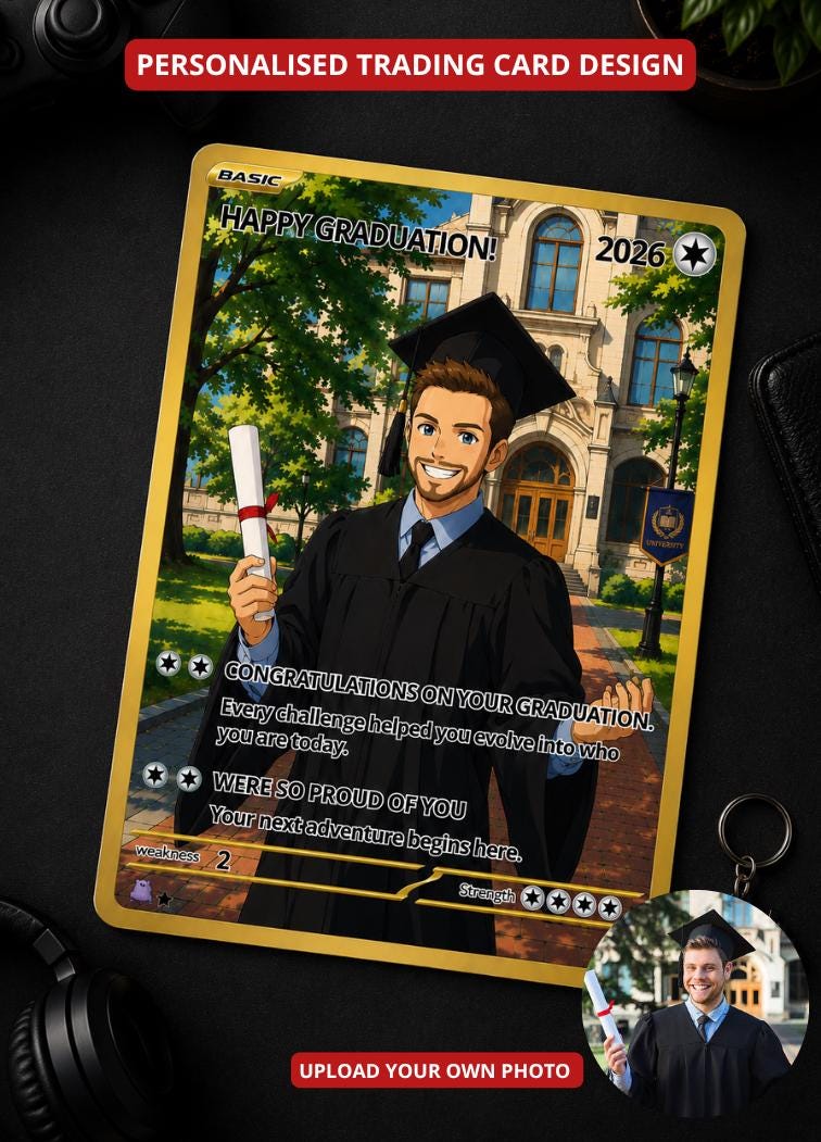 Personalised Graduation Card | Personalised Anime Trading Card Gift | Graduation Keepsake 2026 | Holographic Gamer Graduate Card