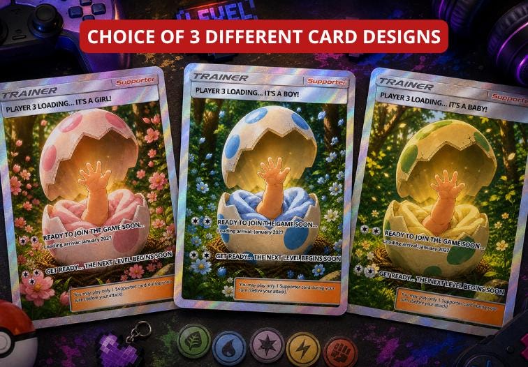 Personalised Pregnancy Reveal Card | Player 3 Loading Anime Trading Card | Gamer Baby Announcement | Holographic Keepsake