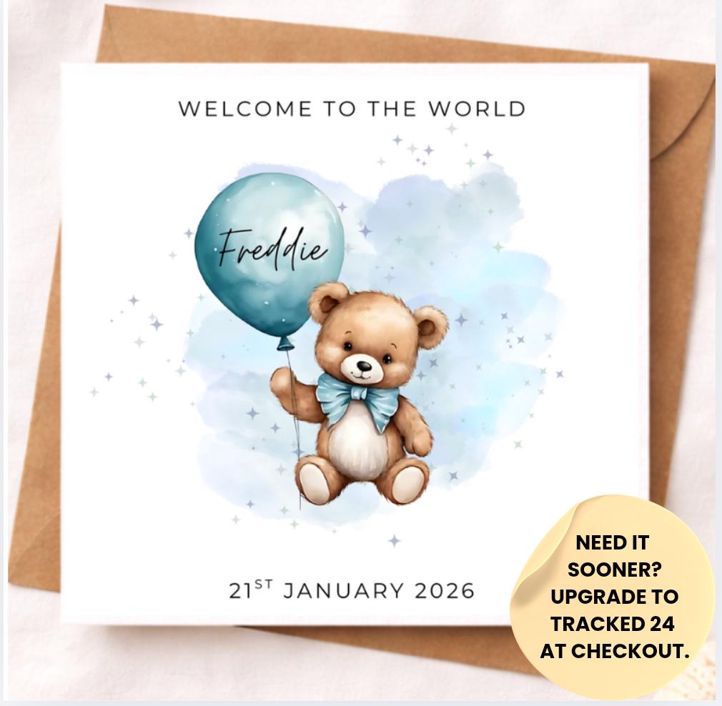 Baby Boy Teddy Bear Card – New Baby Boy Congratulations Card – Cute Blue Bear Baby Shower Card – Personalised Newborn Keepsake Card 6x6