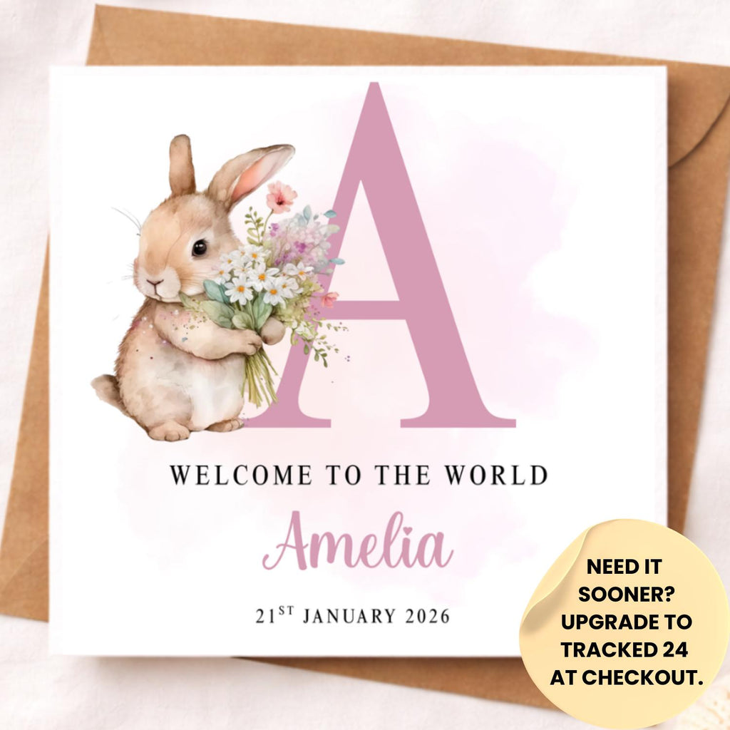 Personalised Bunny Baby Girl Card – Pink Initial Newborn Card – Welcome to the World Baby Girl Card – Cute Rabbit Baby Shower Keepsake 6x6