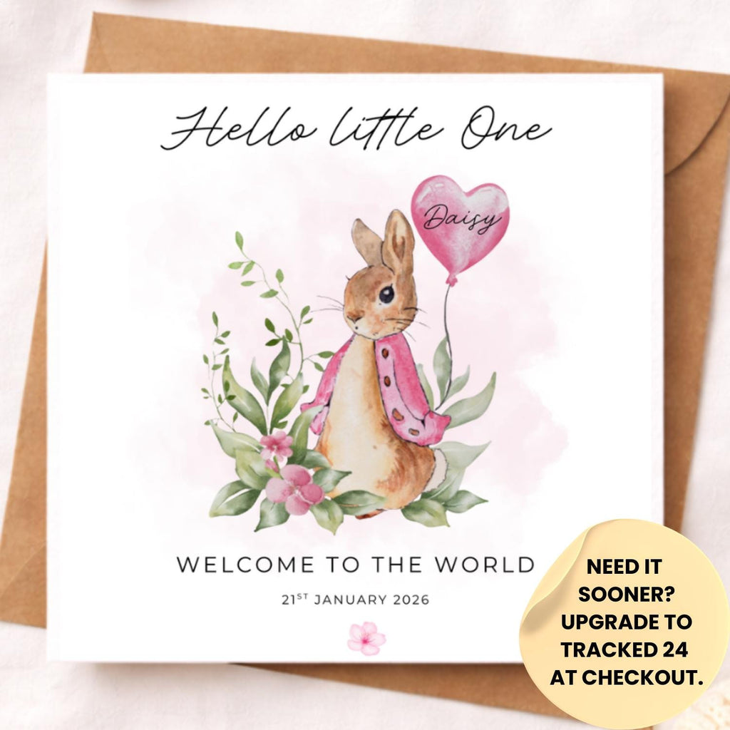 Personalised Bunny Baby Girl Card – Pink Initial Newborn Card – Welcome to the World Baby Girl Card – Cute Flopsy Rabbit Baby Keepsake