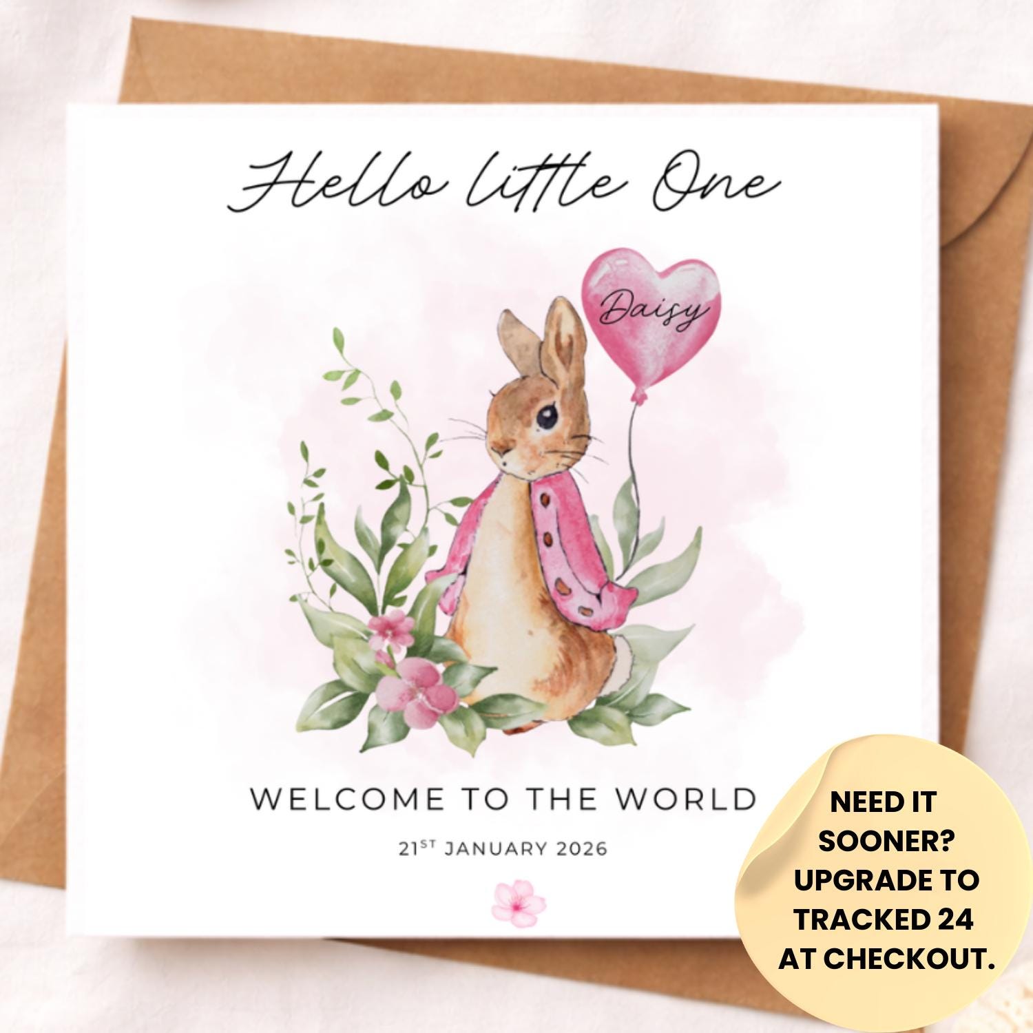 Personalised Bunny Baby Girl Card – Pink Initial Newborn Card – Welcome to the World Baby Girl Card – Cute Flopsy Rabbit Baby Keepsake
