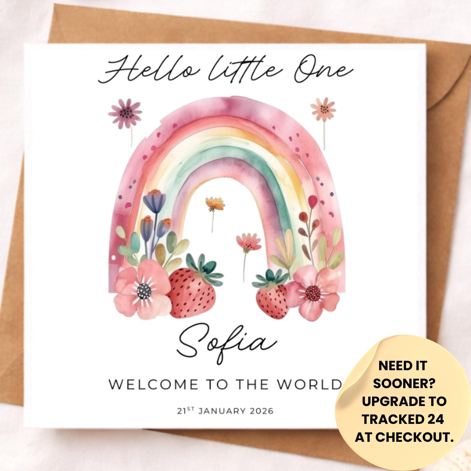 Rainbow New Baby Card – Hello World Baby Card – Spring Floral Gender Neutral Newborn Card – Cute Watercolour Baby Shower Congratulations 6x6