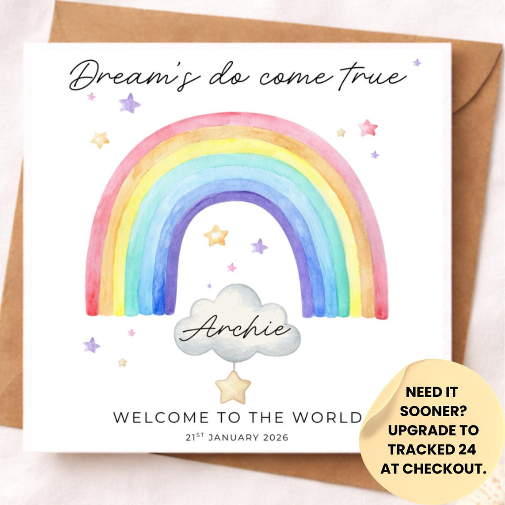 Rainbow Baby Card – Dreams Do Come True – New Baby Congratulations Card – Rainbow Baby After Loss Keepsake – Gender Neutral Newborn Card 6x6