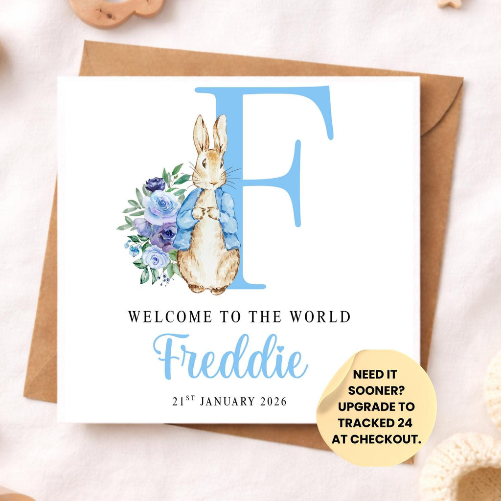 Personalised Bunny Baby Boy Card – Blue Rabbit Initial Newborn Card – Welcome to the World Baby Boy Card – Cute Keepsake Baby Shower Gift 6x