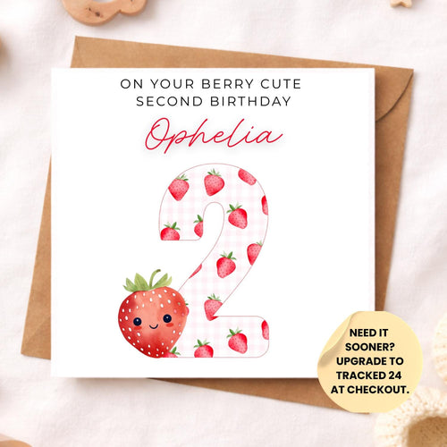 Berry Second Birthday Card – Personalised Strawberry 2nd Birthday Girl Card – Berry Cute Two Today – Handmade Toddler Birthday Card