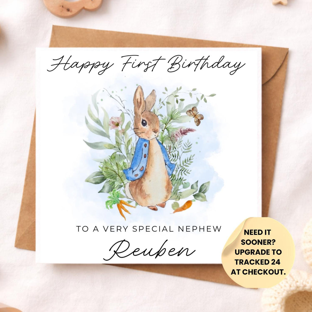 Personalised Bunny 1st Birthday Card for Son – Blue Rabbit Boy Birthday Card – First Second Birthday Nephew Brother Grandson Keepsake