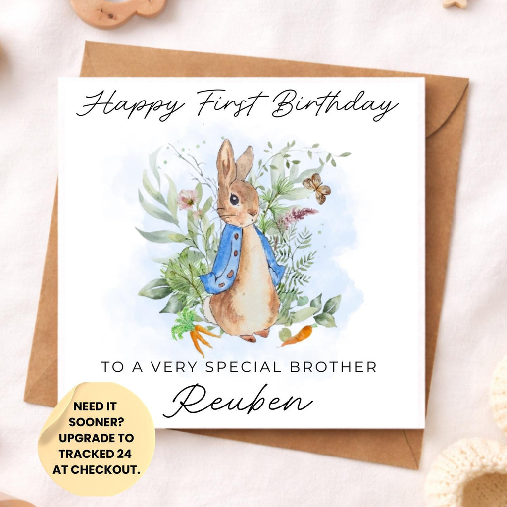 Personalised Bunny 1st Birthday Card for Son – Blue Rabbit Boy Birthday Card – First Second Birthday Nephew Brother Grandson Keepsake