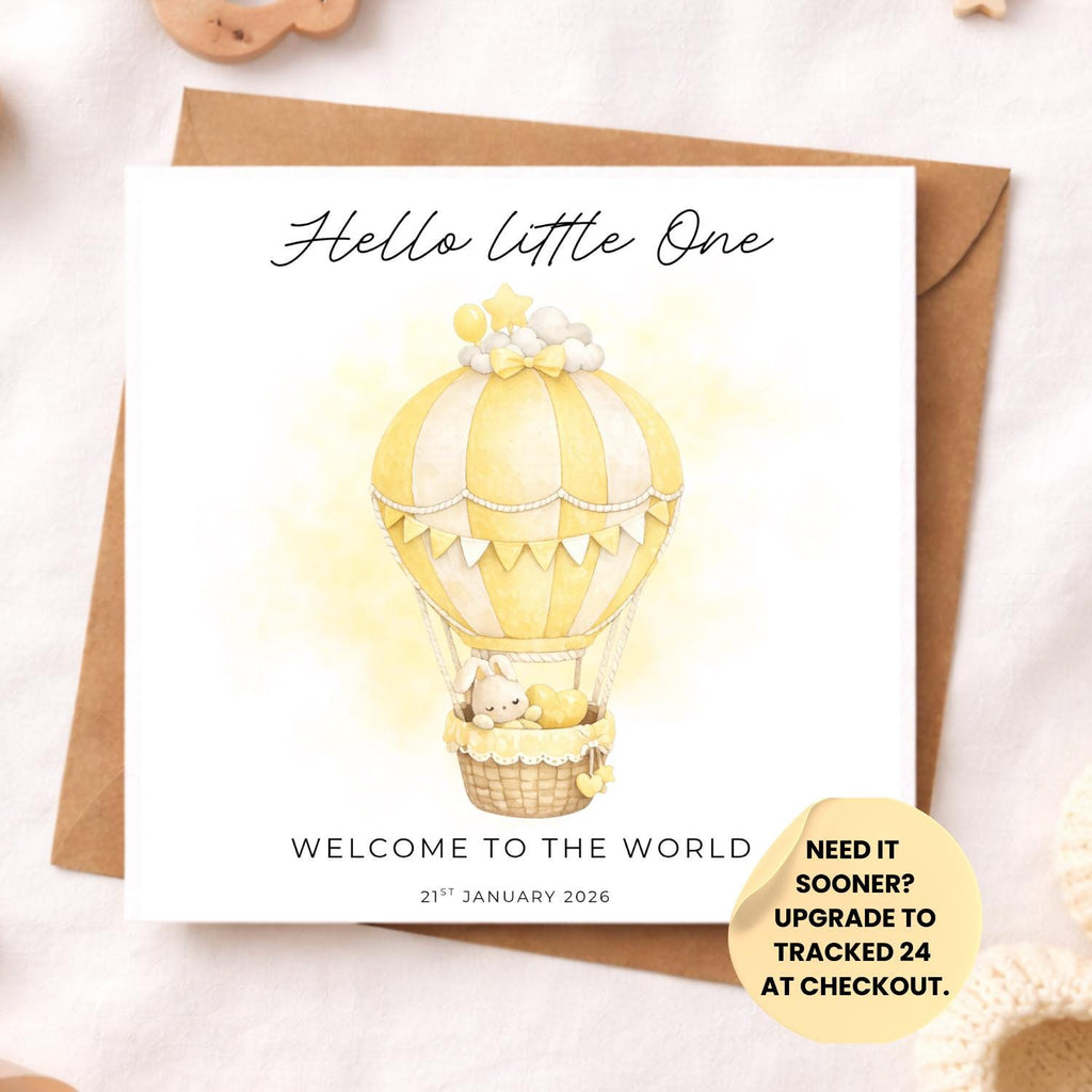 Hello Little One Baby Card – Welcome to the World New Baby Card – Neutral Girl or Boy Baby Shower Card – Cute Bunny Balloon Nursery Style