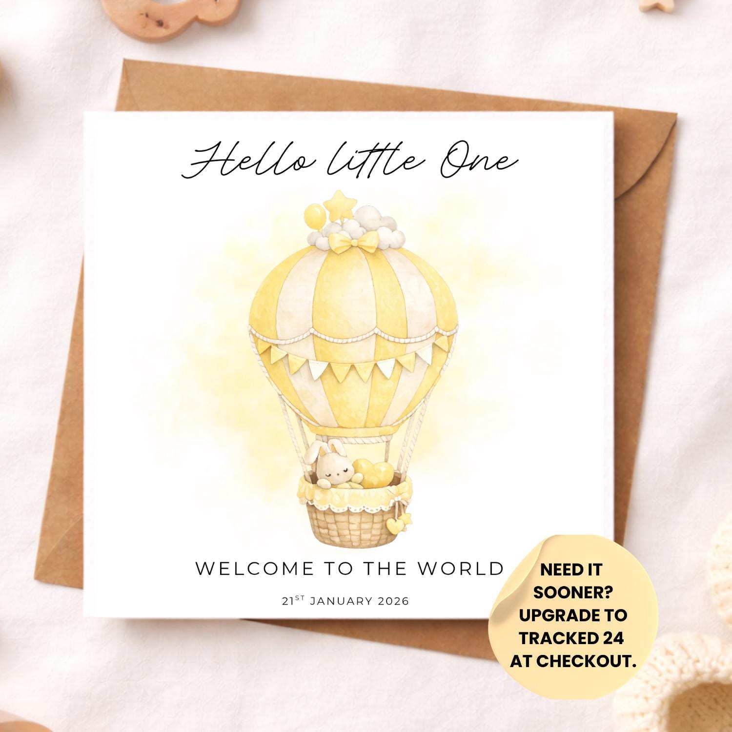 Hello Little One Baby Card – Welcome to the World New Baby Card – Neutral Girl or Boy Baby Shower Card – Cute Bunny Balloon Nursery Style
