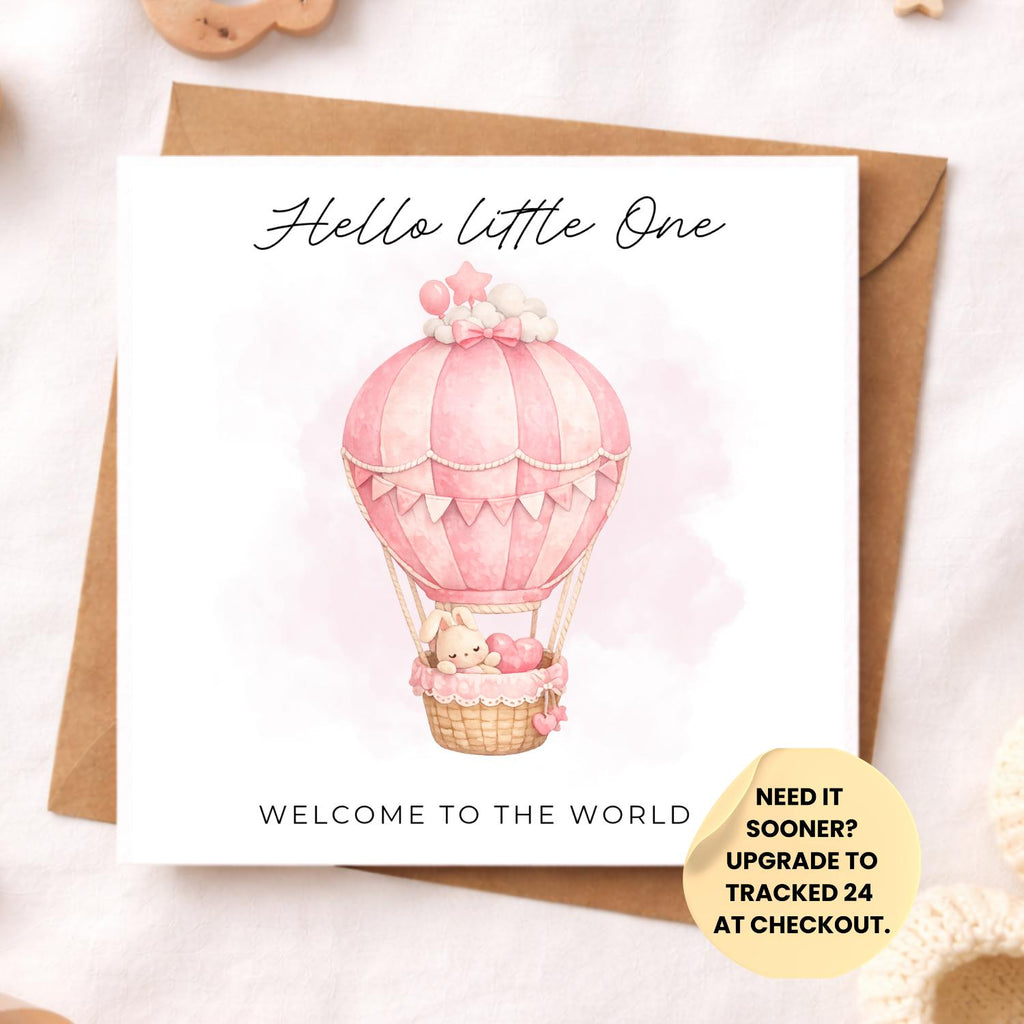 Hello Little One Baby Card – Welcome to the World New Baby Card – Neutral Girl or Boy Baby Shower Card – Cute Bunny Balloon Nursery Style