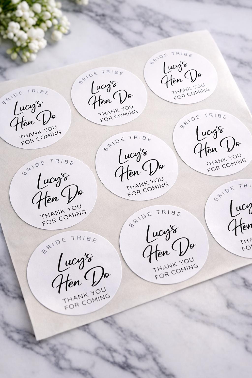 Hen Party Stickers 4cm Round | Personalised Hen Do Labels | 24 Per A4 Sheet | Bridal Shower Favour Stickers | Black or Foil Text