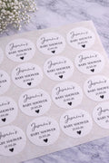 Personalised Baby Shower Stickers | Name & Date Round Favour Labels 4cm | Black or Foil Text | Custom Baby Shower Decor