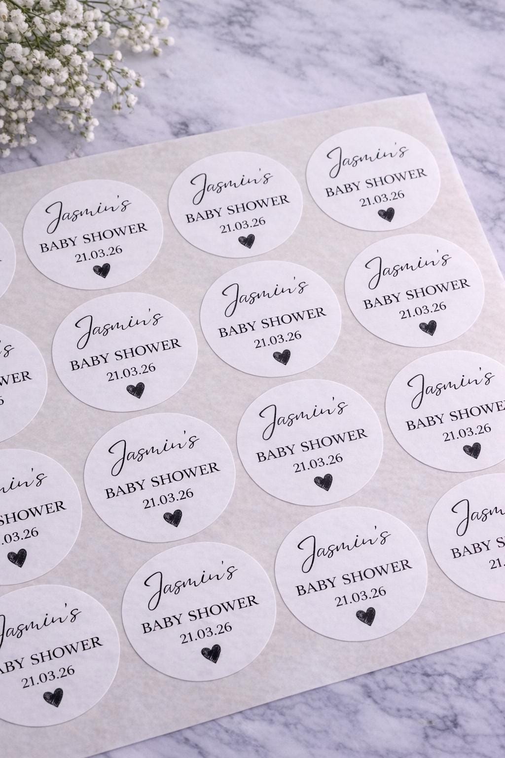 Personalised Baby Shower Stickers | Name & Date Round Favour Labels 4cm | Black or Foil Text | Custom Baby Shower Decor