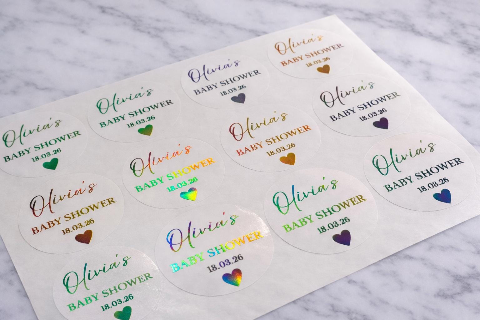 Personalised Baby Shower Stickers | Name & Date Round Favour Labels 4cm | Black or Foil Text | Custom Baby Shower Decor