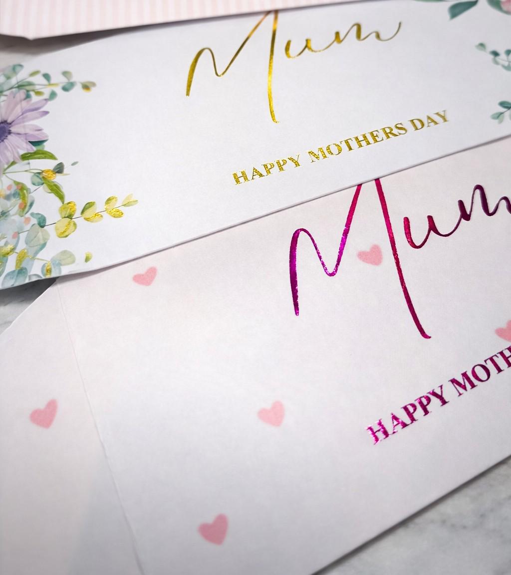 Personalised Mother’s Day Money Wallet Card | Foil Name Gift Envelope | Mum Gift from Kids | Cash Holder | Custom Message  Pink Floral Heart