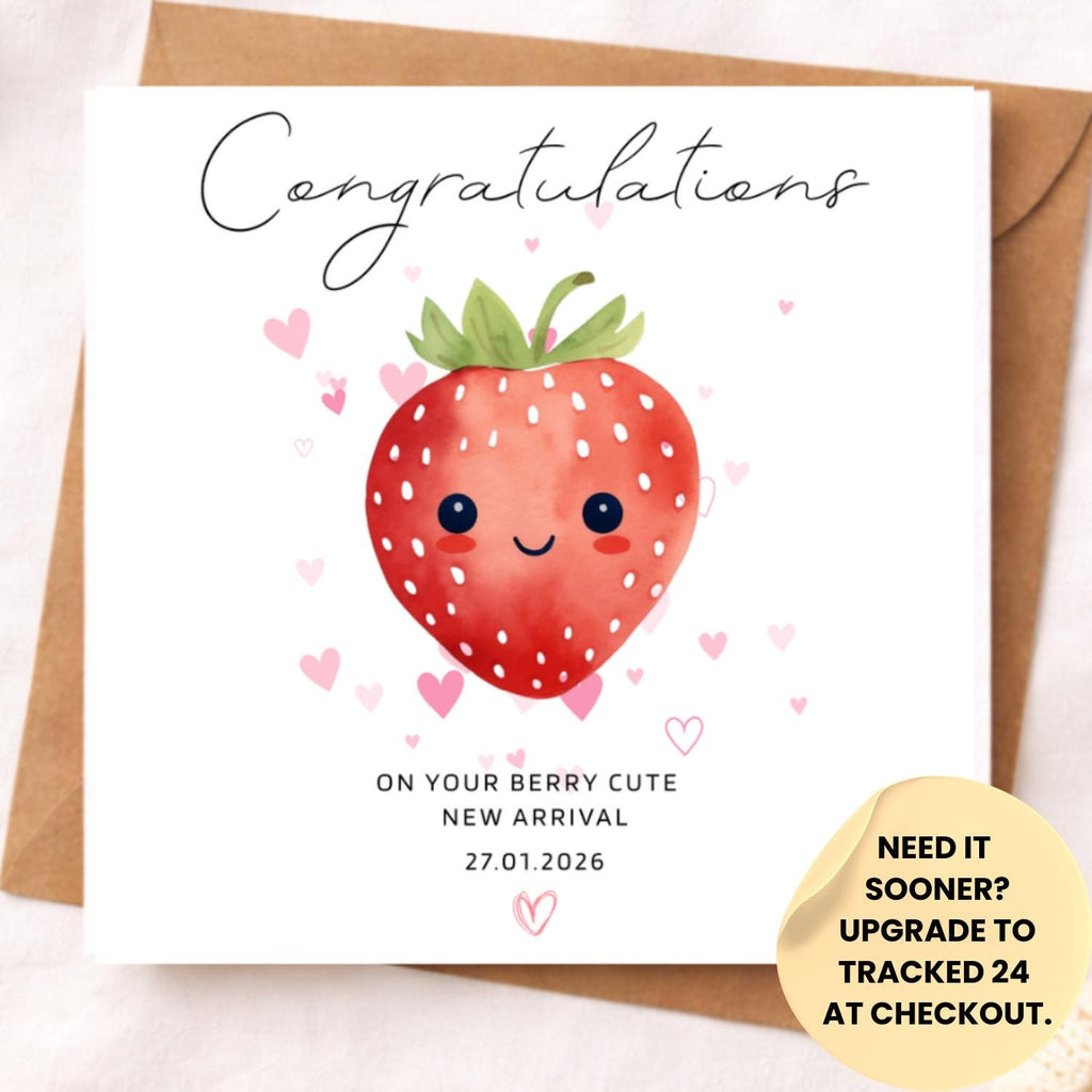 Strawberry New Baby Card – Berry Cute Arrival Baby Shower Card – Cute Gender Neutral Newborn Congratulations Card – 6x6 White Handmade Baby