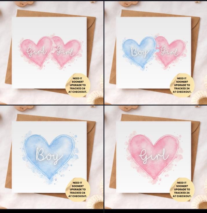 Baby Boy or Girl Heart Card – Twins Baby Card – Watercolour Newborn Congratulations – Twin Boys Twin Girls Baby Shower Card – Minimal Keepsa