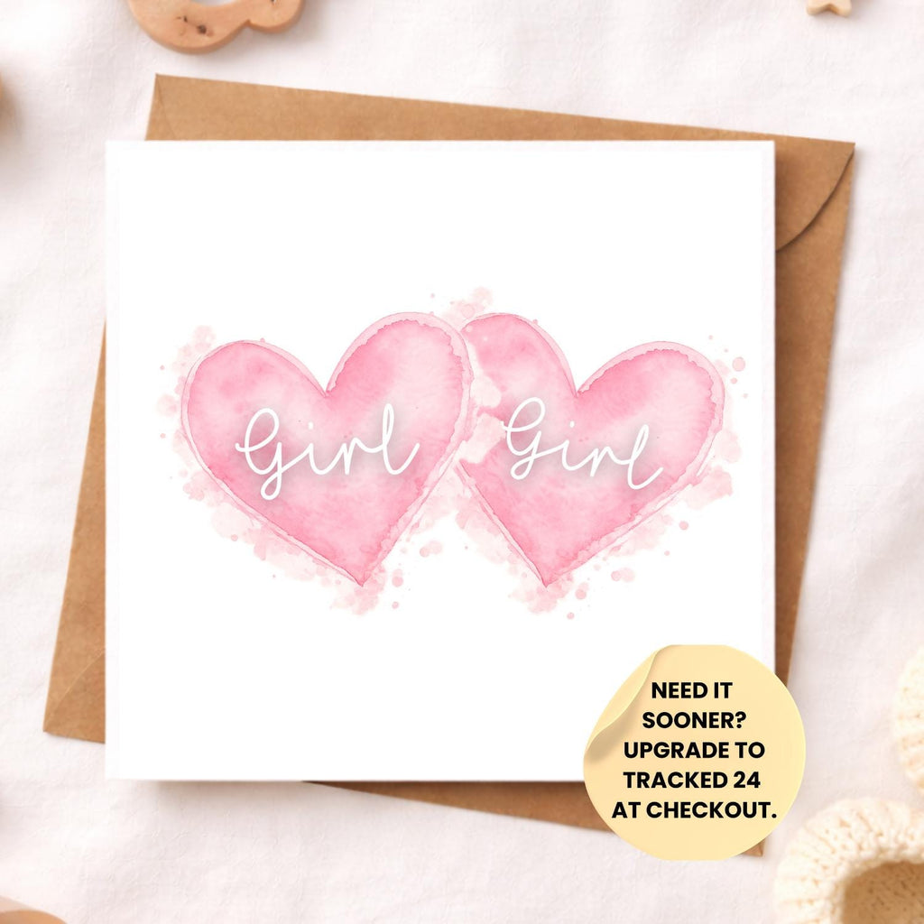 Baby Boy or Girl Heart Card – Twins Baby Card – Watercolour Newborn Congratulations – Twin Boys Twin Girls Baby Shower Card – Minimal Keepsa