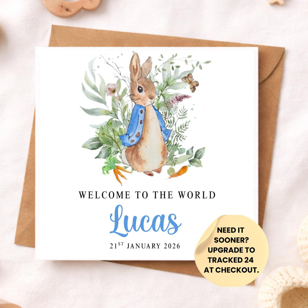 Personalised Baby Boy Bunny Card – Name Newborn Welcome to the World Card – Blue Rabbit Baby Shower Gift – Cute Handmade Keepsake 6x6