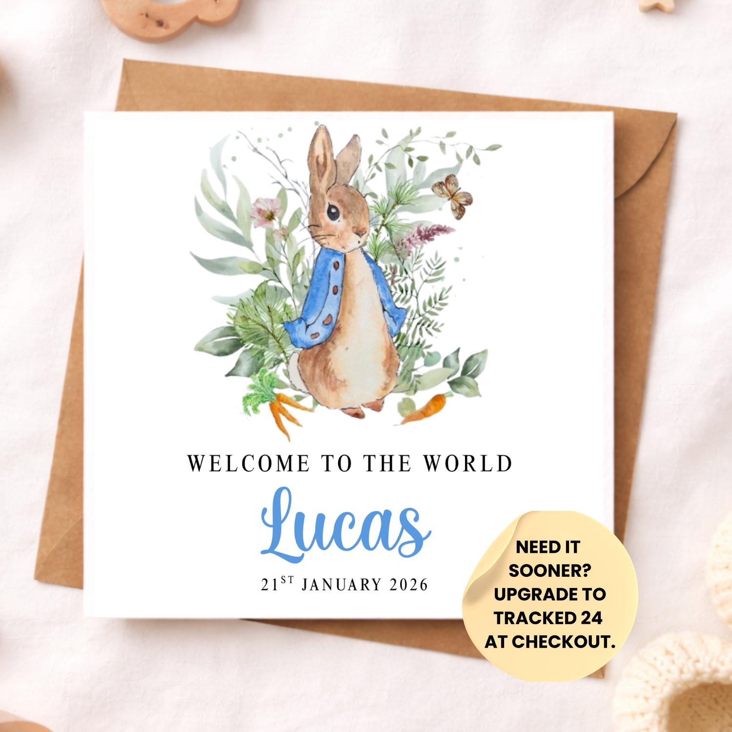 Personalised Baby Boy Bunny Card – Name Newborn Welcome to the World Card – Blue Rabbit Baby Shower Gift – Cute Handmade Keepsake 6x6