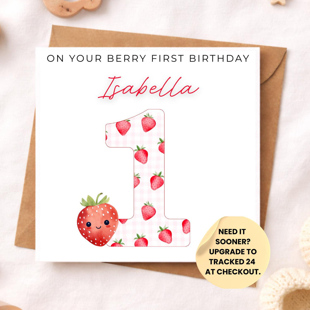 Berry First Birthday Card – Personalised Strawberry 1st Birthday Girl Card – Berry Cute First Birthday – Handmade Toddler Birthday Card