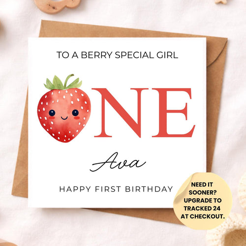 Berry First Birthday Card – Personalised Strawberry 1st Birthday Girl Card – Berry Cute First Birthday – Handmade Toddler Birthday Card