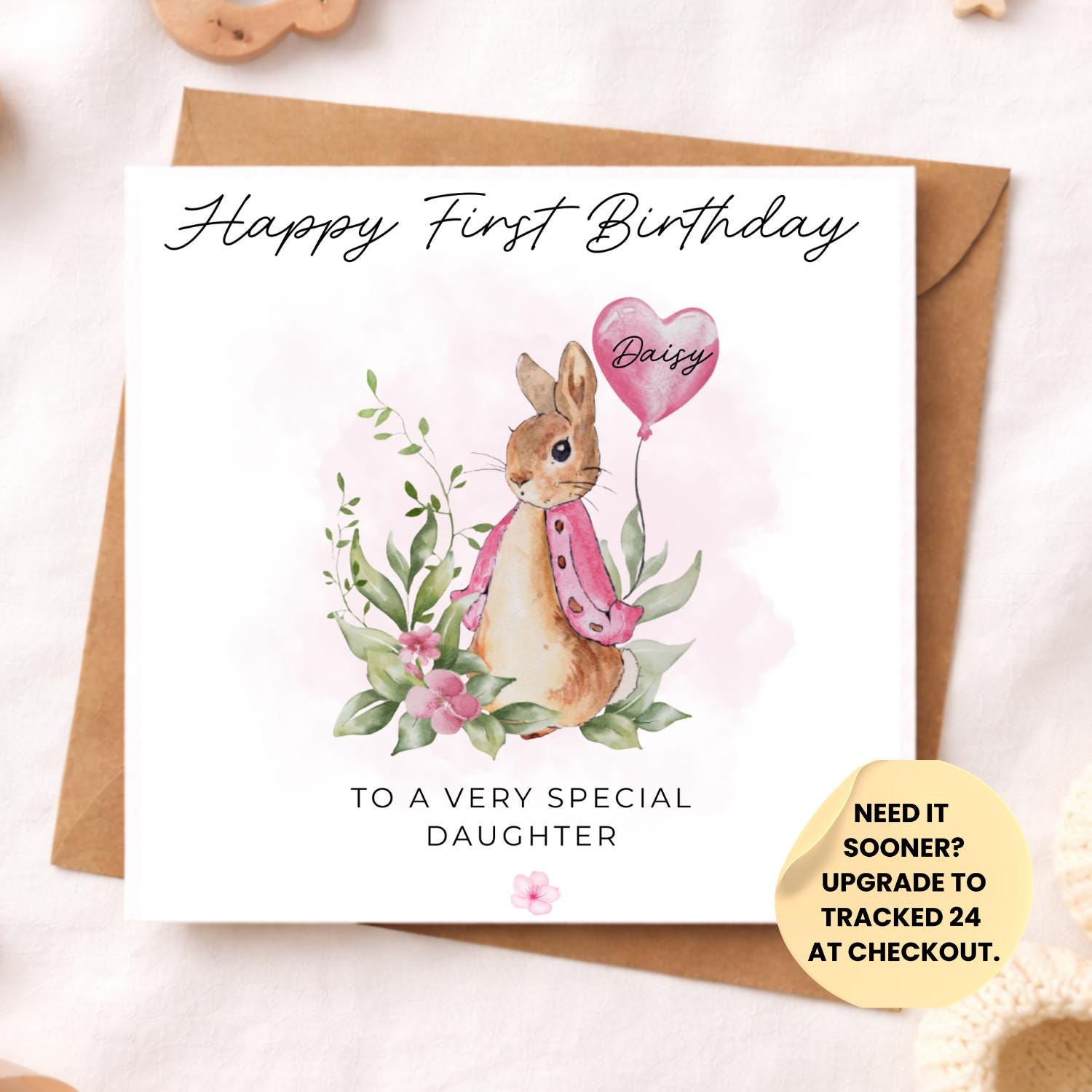 Personalised Bunny 1st Birthday Card for Daughter – Pink Rabbit Girl Birthday Card – First Second Birthday Niece Sister Granddaughter Keepsa