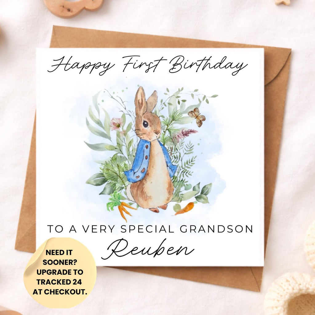 Personalised Bunny 1st Birthday Card for Son – Blue Rabbit Boy Birthday Card – First Second Birthday Nephew Brother Grandson Keepsake
