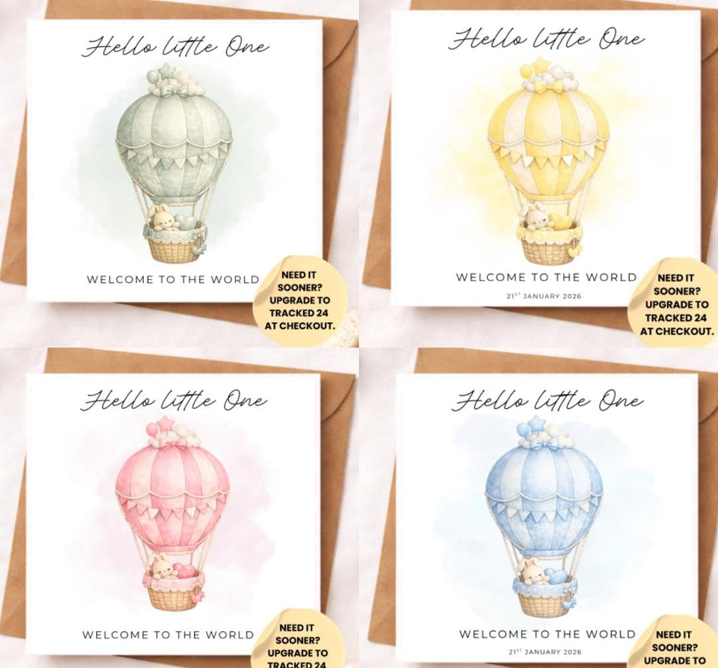 Hello Little One Baby Card – Welcome to the World New Baby Card – Neutral Girl or Boy Baby Shower Card – Cute Bunny Balloon Nursery Style