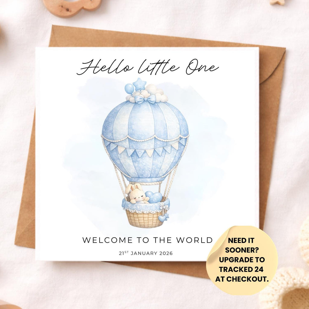 Hello Little One Baby Card – Welcome to the World New Baby Card – Neutral Girl or Boy Baby Shower Card – Cute Bunny Balloon Nursery Style