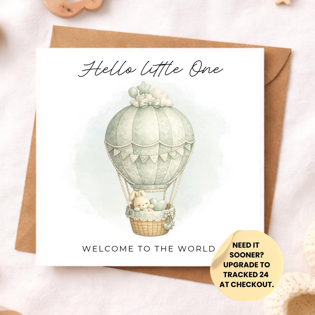 Hello Little One Baby Card – Welcome to the World New Baby Card – Neutral Girl or Boy Baby Shower Card – Cute Bunny Balloon Nursery Style