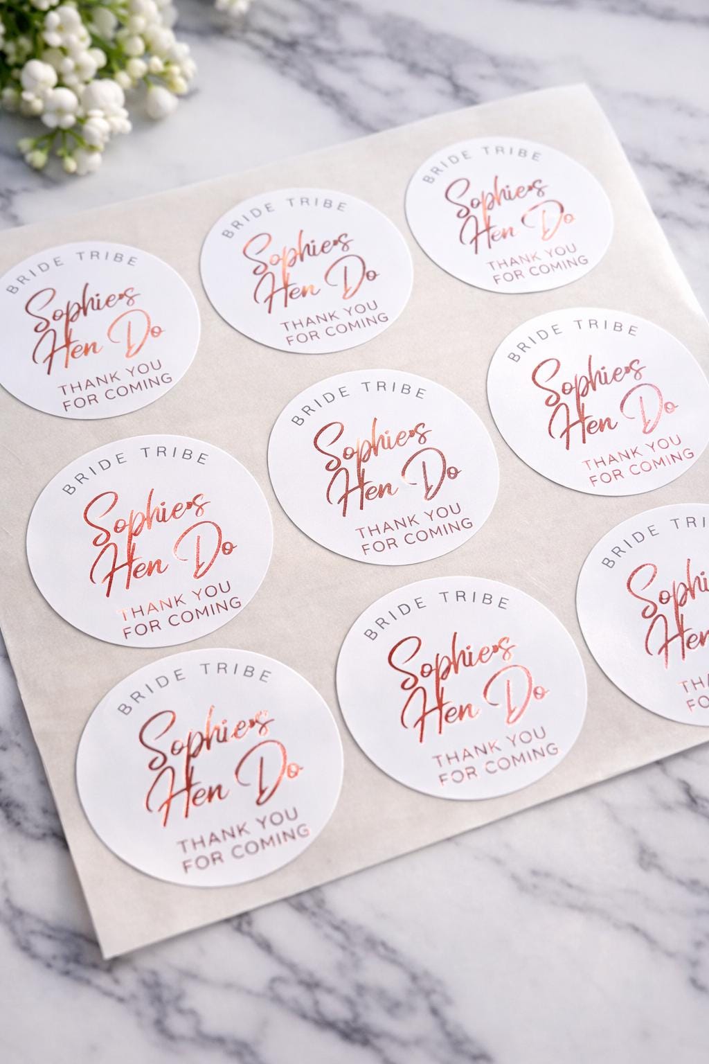 Hen Party Stickers 4cm Round | Personalised Hen Do Labels | 24 Per A4 Sheet | Bridal Shower Favour Stickers | Black or Foil Text