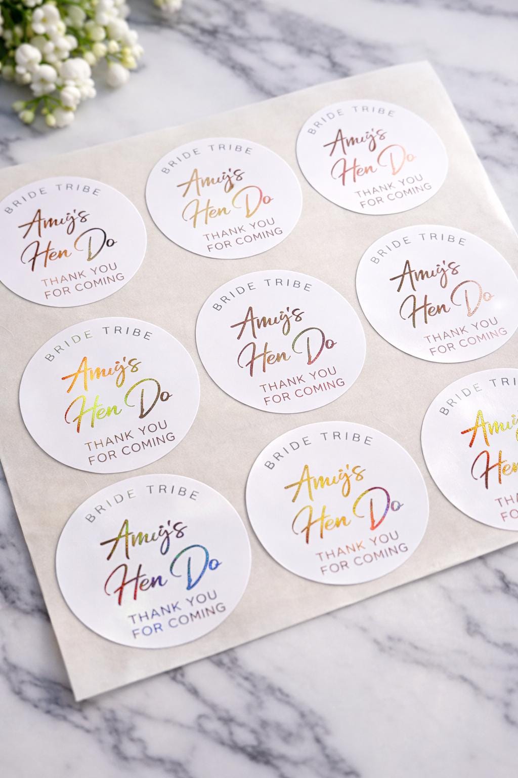 Hen Party Stickers 4cm Round | Personalised Hen Do Labels | 24 Per A4 Sheet | Bridal Shower Favour Stickers | Black or Foil Text