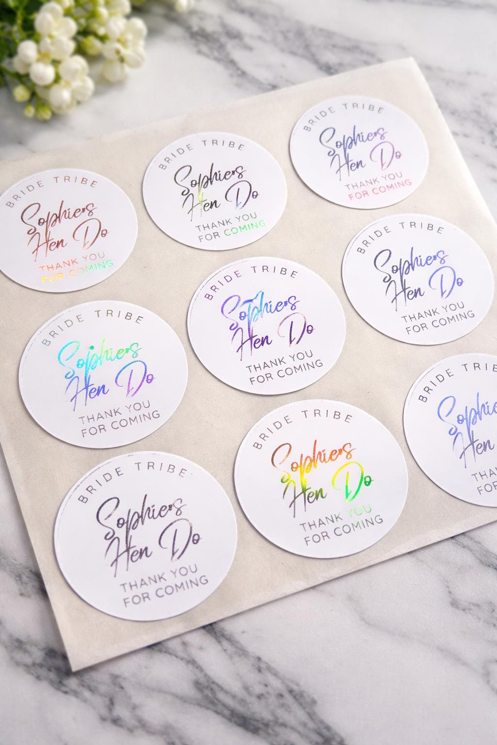 Hen Party Stickers 4cm Round | Personalised Hen Do Labels | 24 Per A4 Sheet | Bridal Shower Favour Stickers | Black or Foil Text