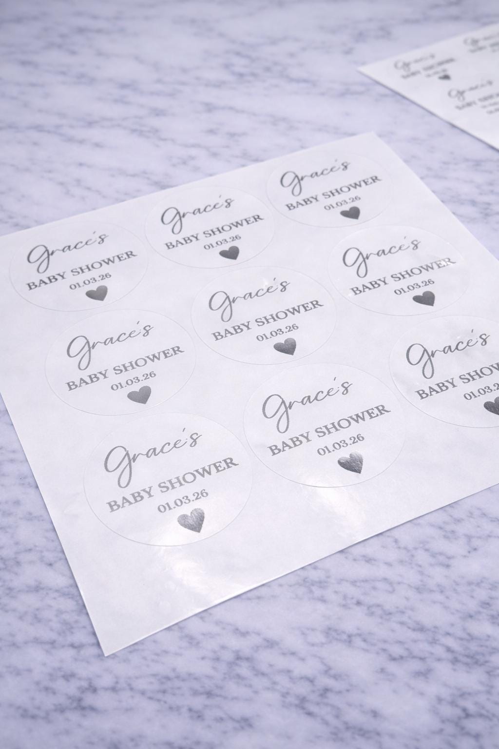 Personalised Baby Shower Stickers | Name & Date Round Favour Labels 4cm | Black or Foil Text | Custom Baby Shower Decor